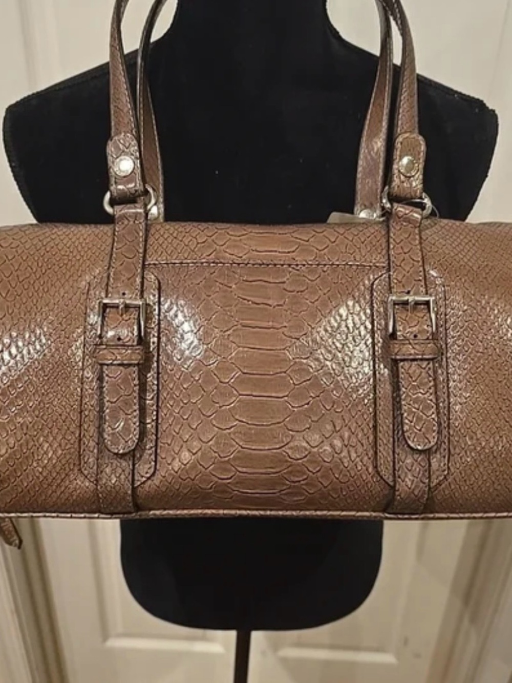Y2K Liz Claiborne Brown Croc-Embossed Barrel Satchel